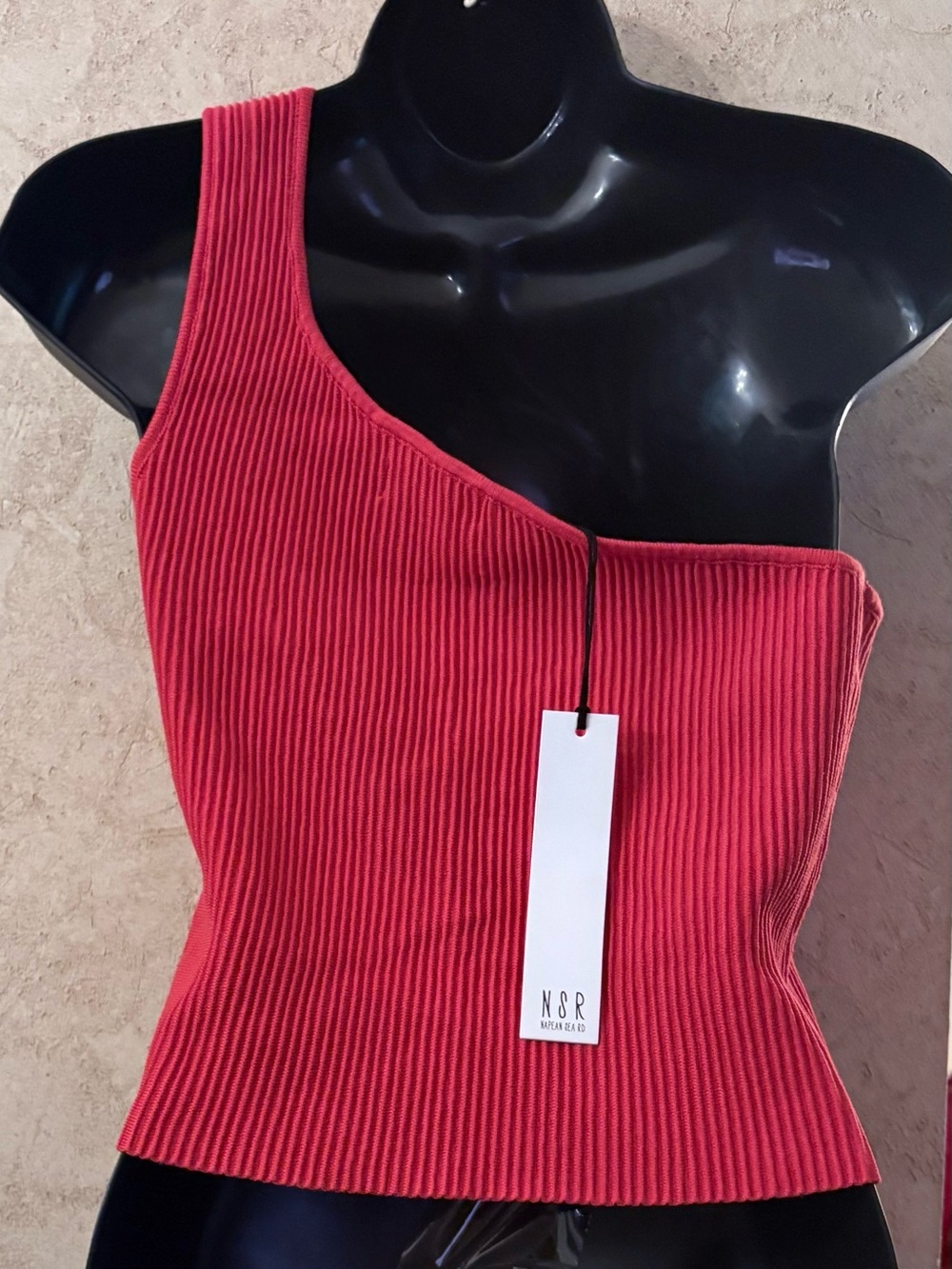 NSR Ribbed One-Shoulder Knit Tank Top - Red - Picture 3 of 4